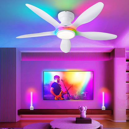 Ceiling Fans with Lights, 51 inch Modern Black Low Profile Ceiling Fan with Light and Remote App Control, Flush Mount, Quiet DC Reversible, Dim Led Ceiling Fan 6 Blade Softer Wind Indoor/Outdoor Patio