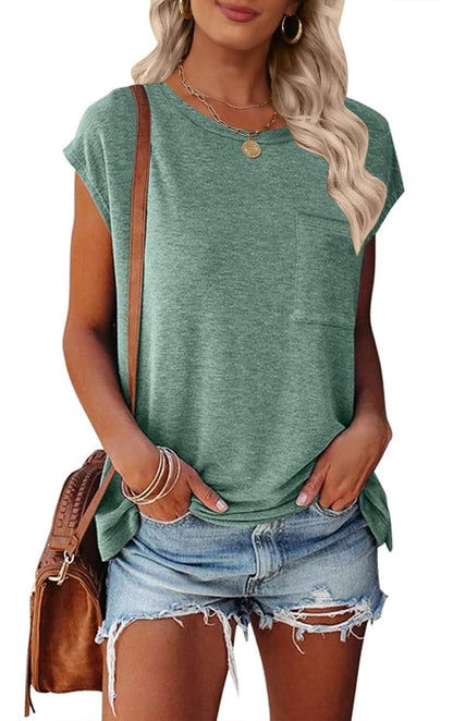MEROKEETY Women's Casual Cap Sleeve T Shirts Basic Summer Tops Loose Solid Color Blouse
