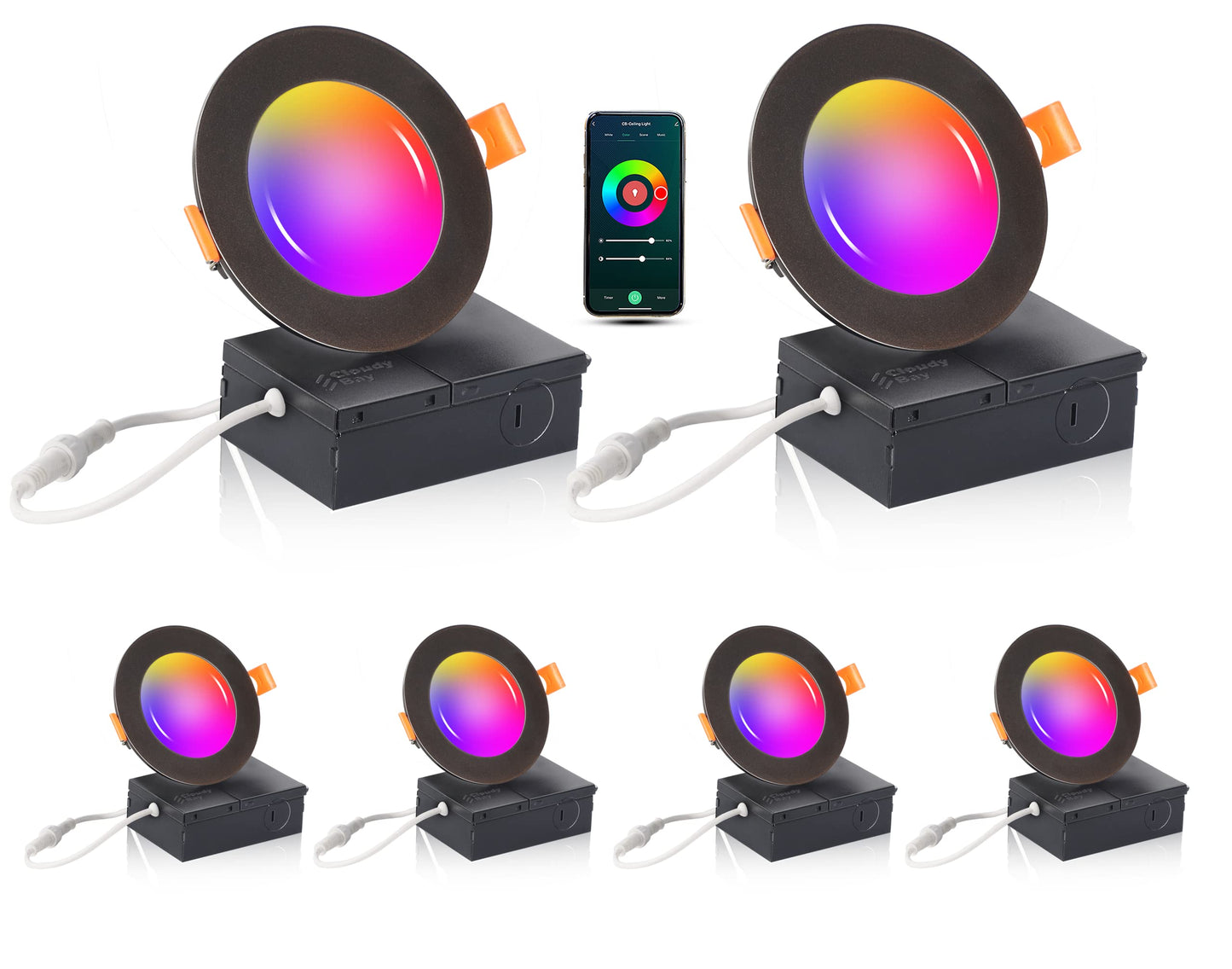 [6 Pack] CLOUDY BAY 4inch Smart WiFi LED Recessed Lights,RGBCW Color Changing Recessed Lighting,Compatible with Alexa and Google Home Assistant,10W 2700K-6500K,CRI90+ Wet Location,White Finish