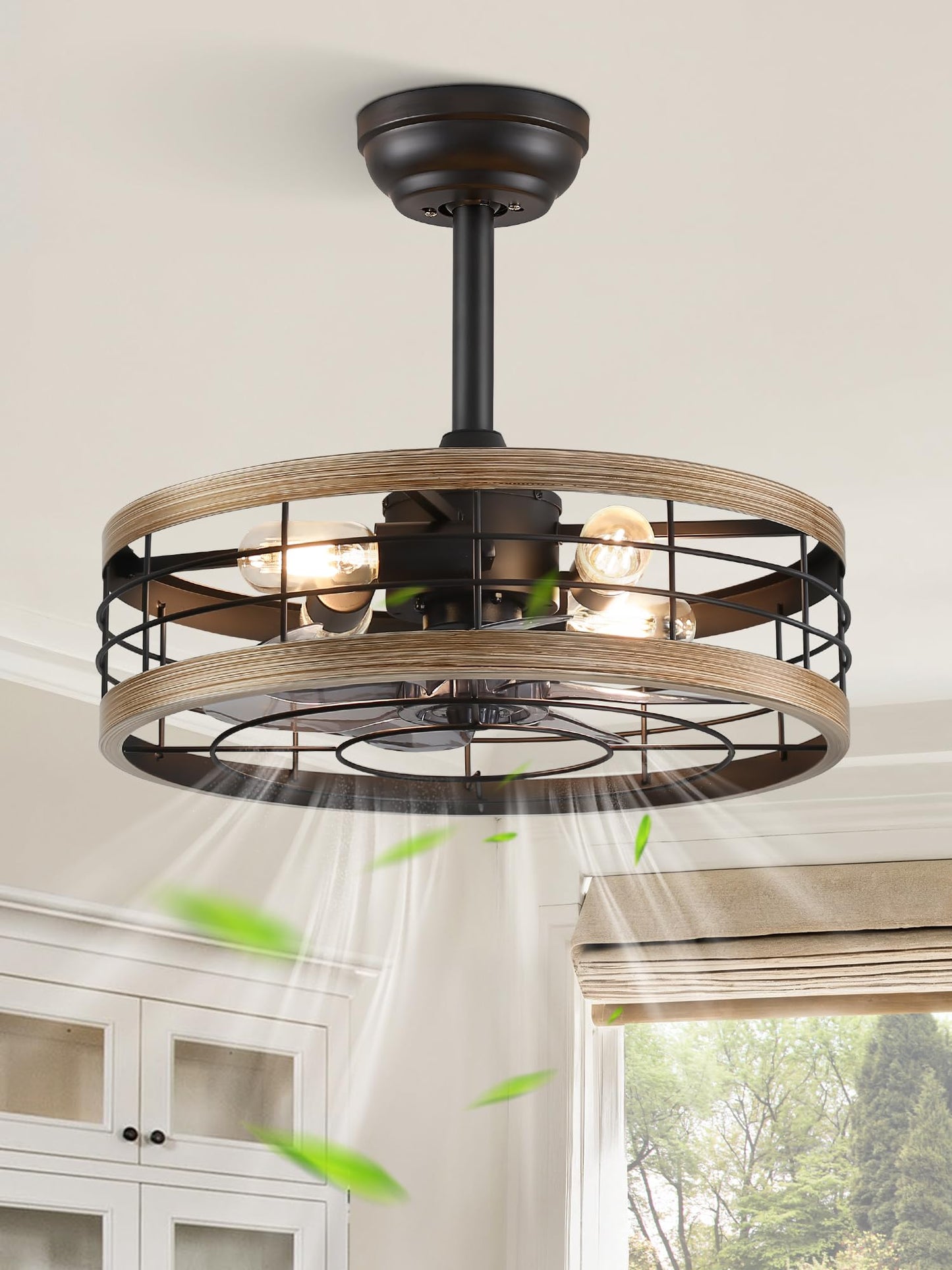 LEDIARY 16.5 inch Black Caged Ceiling Fan with Light, Fandelier Industrial Ceiling Fan with Remote, Farmhouse Fan Lights Ceiling Fixtures for Kitchen, Bedroom, Outdoor（6 Speed, Timing）-Black