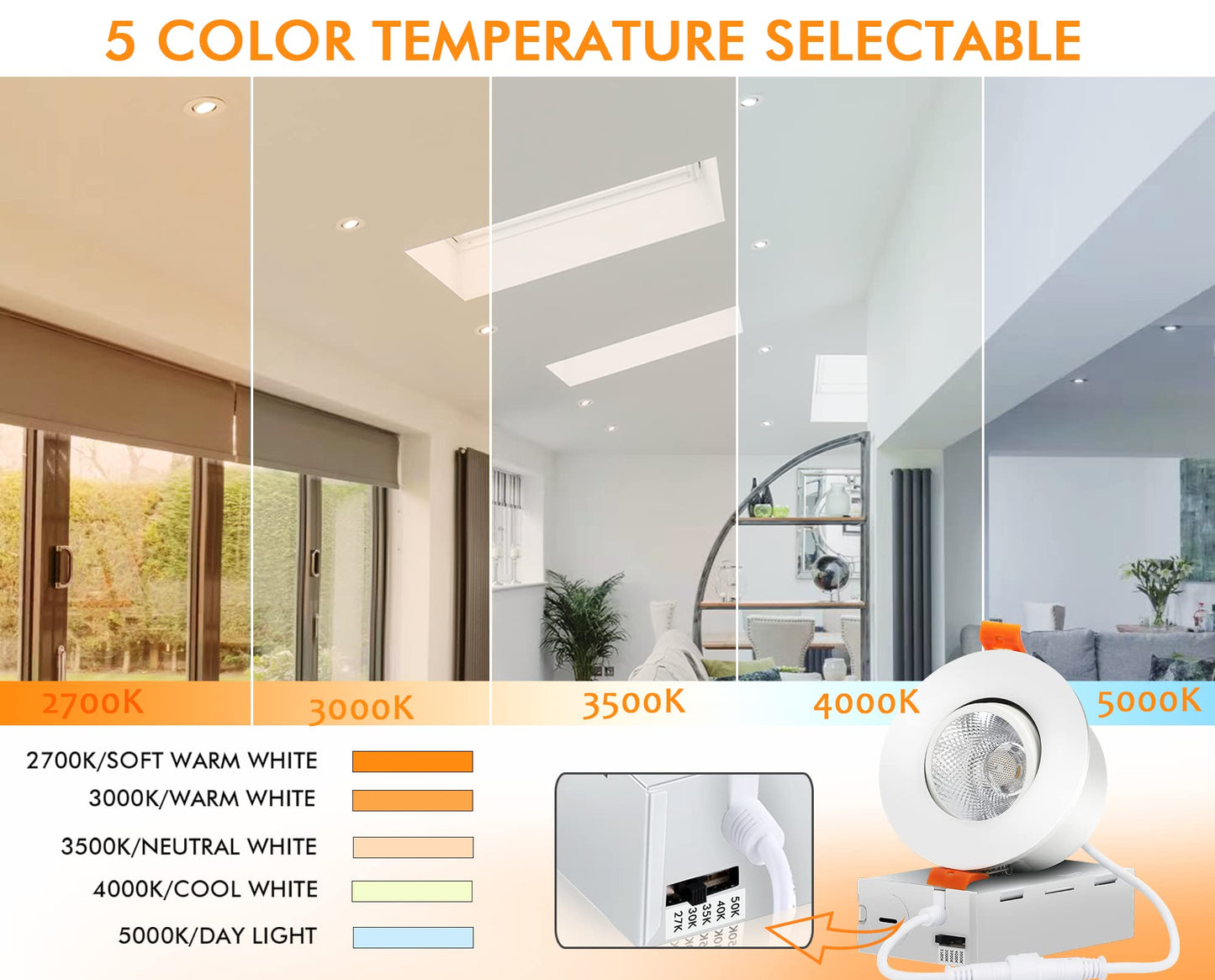 Cloudy Bay Eyeball 5 Color 4 inch Gimbal LED Recessed Light with Junction Box,9.5W CRI90+ 2700K/3000K/3500K/4000K/5000K Selectable,Dimmable Canless Ceiling Spot Light,Damp Location,Black,Pack of 6