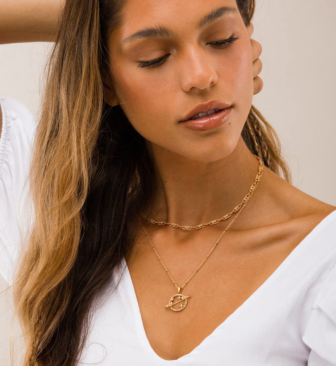 Aobei Pearl 18K Gold Paperclip Chain Choker Satellite Chain Biwa Pearl Pendant Necklace Dainty Jewelry for Women