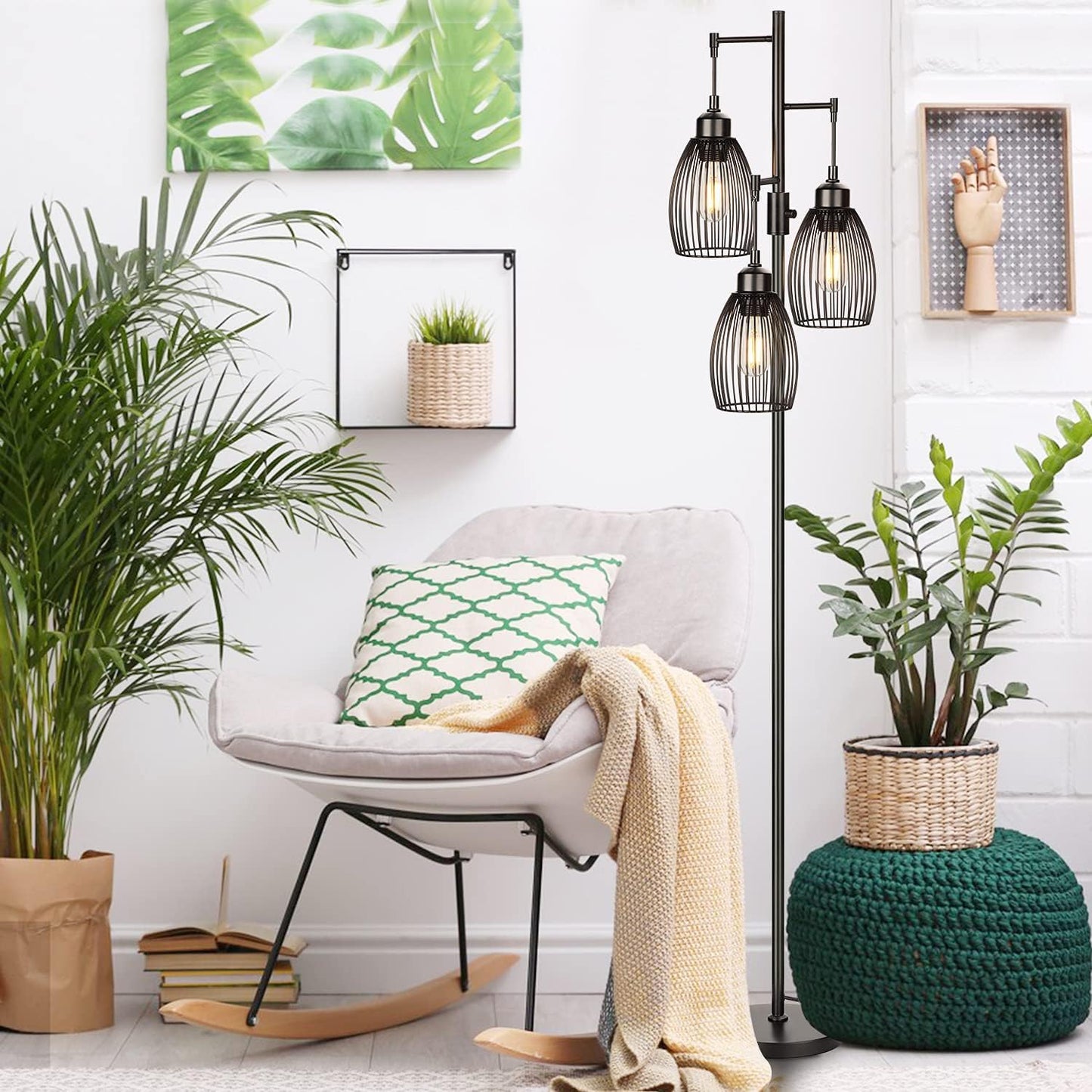 Dimmable Industrial Floor Lamps for Living Room, Gold Tree Standing Tall Lamps with 3 Elegant Teardrop Cage Head & 800 Lumens LED Bulbs for Bedroom Office