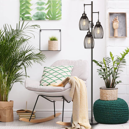 Dimmable Industrial Floor Lamps for Living Room, Gold Tree Standing Tall Lamps with 3 Elegant Teardrop Cage Head & 800 Lumens LED Bulbs for Bedroom Office