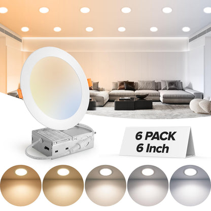 24 Pack 6 Inch 5CCT Ultra-Thin LED Recessed Ceiling Light with Junction Box, 2700K-5000K Selectable, 1050LM High Brightness, 0%-100% Dimmable Canless Wafer Downlight, 12W 120V, ETL