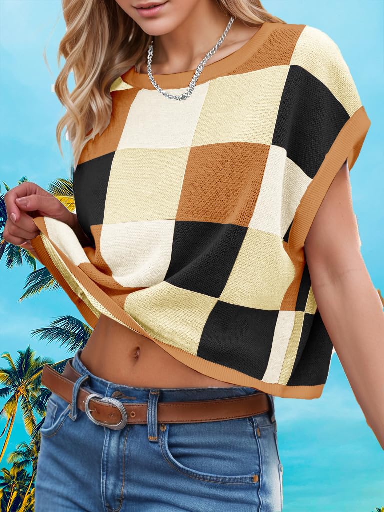 Womens Spring Crop Tops 2025 Cap Short Sleeve Sweater Vest Tank Loose Shirts Business Vacation Outfits Trendy Fall Summer Top