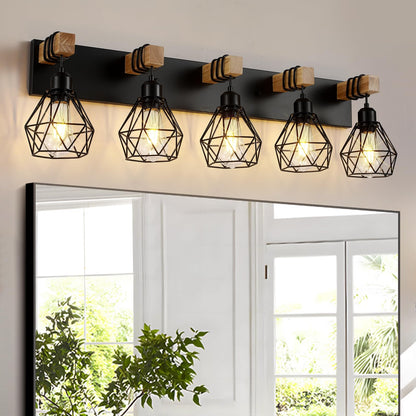 Farmhouse Vanity Light for Bathroom, 3-Light Wood Bathroom Vanity Light Fixtures Over Mirror, Rustic Sconces Wall Lighting with Metal Lampshade for Living Room, Bedroom, Hallway