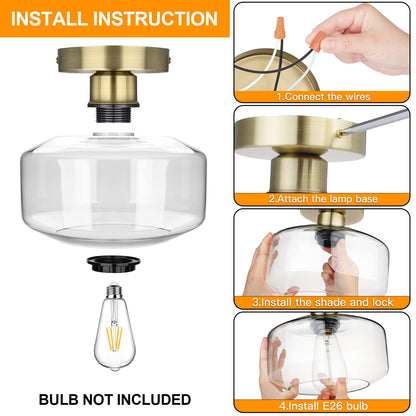 MAXvolador Industrial Semi Flush Mount Ceiling Light, Clear Glass Pendant Lamp Shade, Farmhouse Lighting for Hallway, Vintage Hanging Light Fixtures