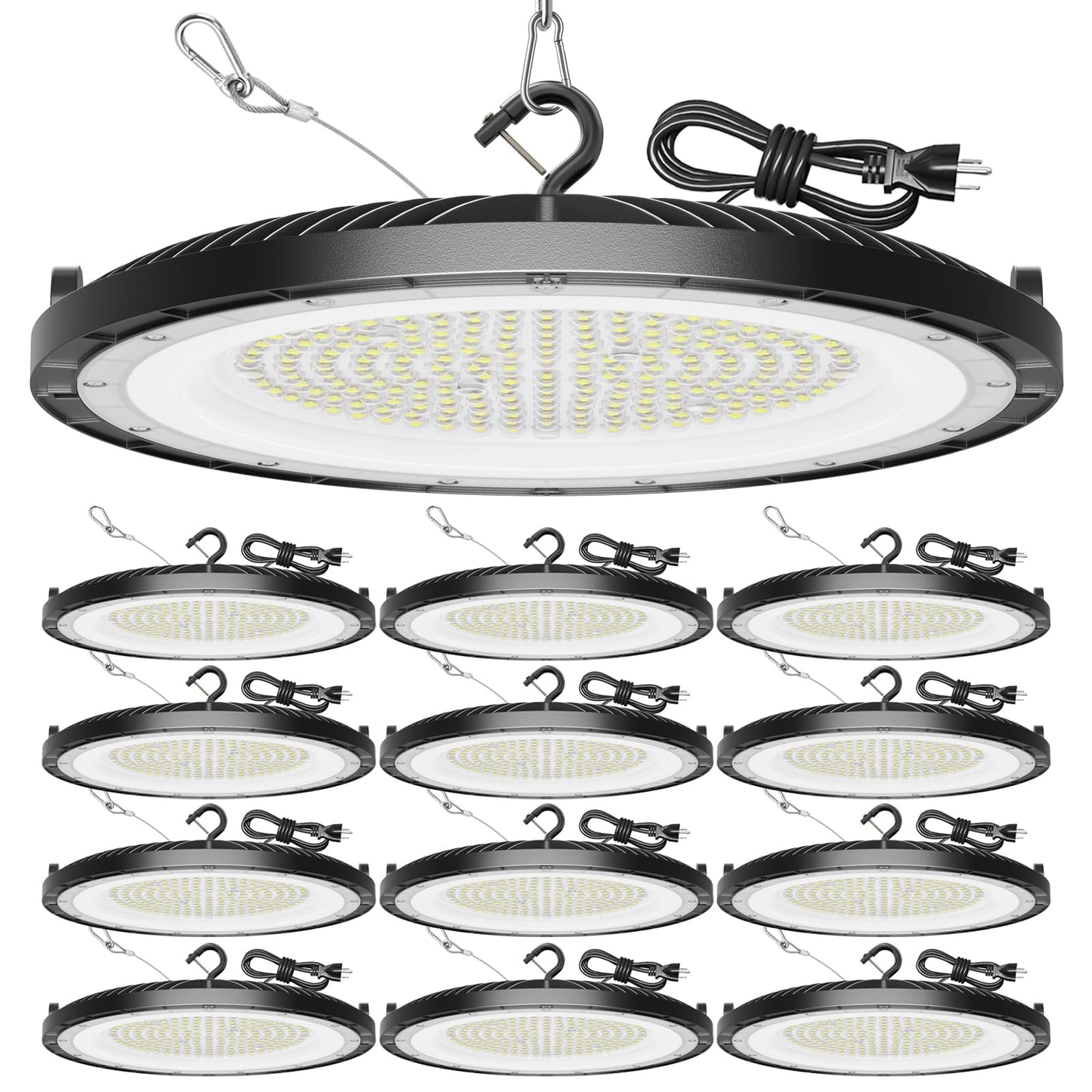 12 Pack High Bay Led Shop Lights - 200W Super Bright Waterproof UFO Led with Plug 5' Cable and Hook Ring, Shop Lights for Garage Factory Gym Workshop