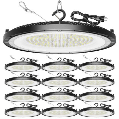 12 Pack High Bay Led Shop Lights - 200W Super Bright Waterproof UFO Led with Plug 5' Cable and Hook Ring, Shop Lights for Garage Factory Gym Workshop