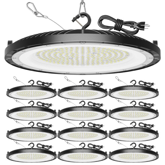 12 Pack High Bay Led Shop Lights - 200W Super Bright Waterproof UFO Led with Plug 5' Cable and Hook Ring, Shop Lights for Garage Factory Gym Workshop