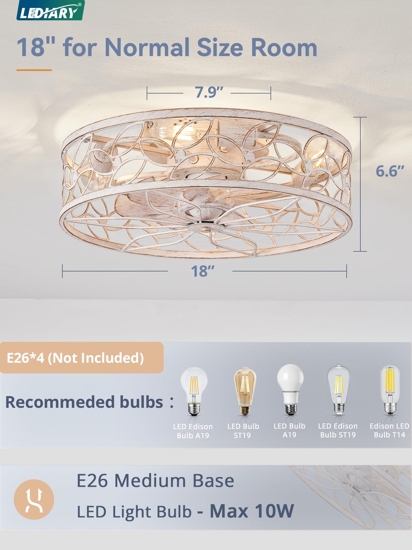 LEDIARY Caged Ceiling Fans with Lights, White Flush Mount Ceiling Fan with Remote, Small Low Profile Bladeless Ceiling Fan Light Fixture for Bedroom, Kitchen, Dining Room-White Gold Color