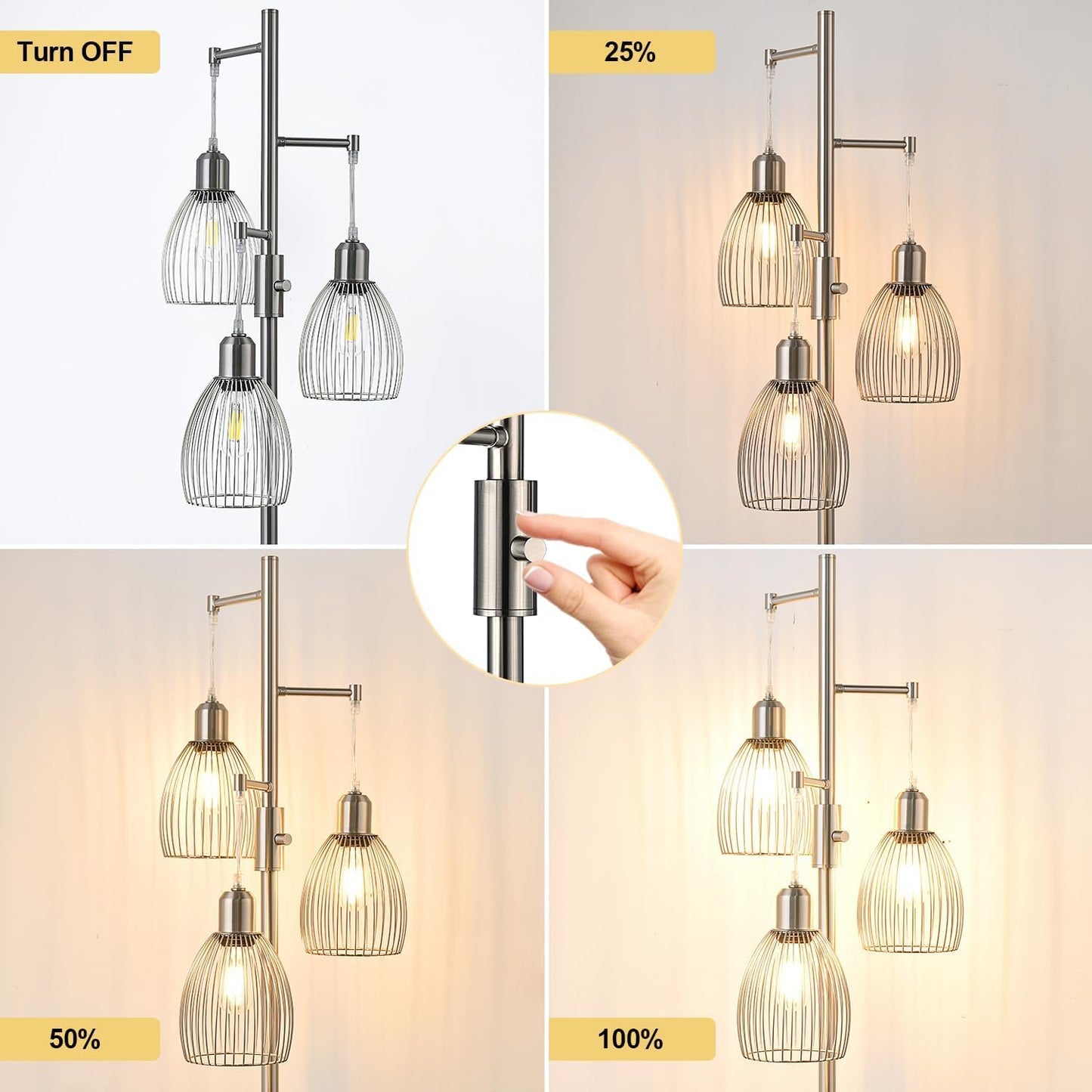 Dimmable Industrial Floor Lamps for Living Room, Gold Tree Standing Tall Lamps with 3 Elegant Teardrop Cage Head & 800 Lumens LED Bulbs for Bedroom Office