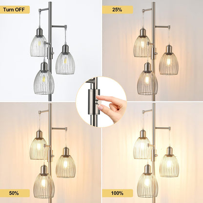 Dimmable Industrial Floor Lamps for Living Room, Gold Tree Standing Tall Lamps with 3 Elegant Teardrop Cage Head & 800 Lumens LED Bulbs for Bedroom Office