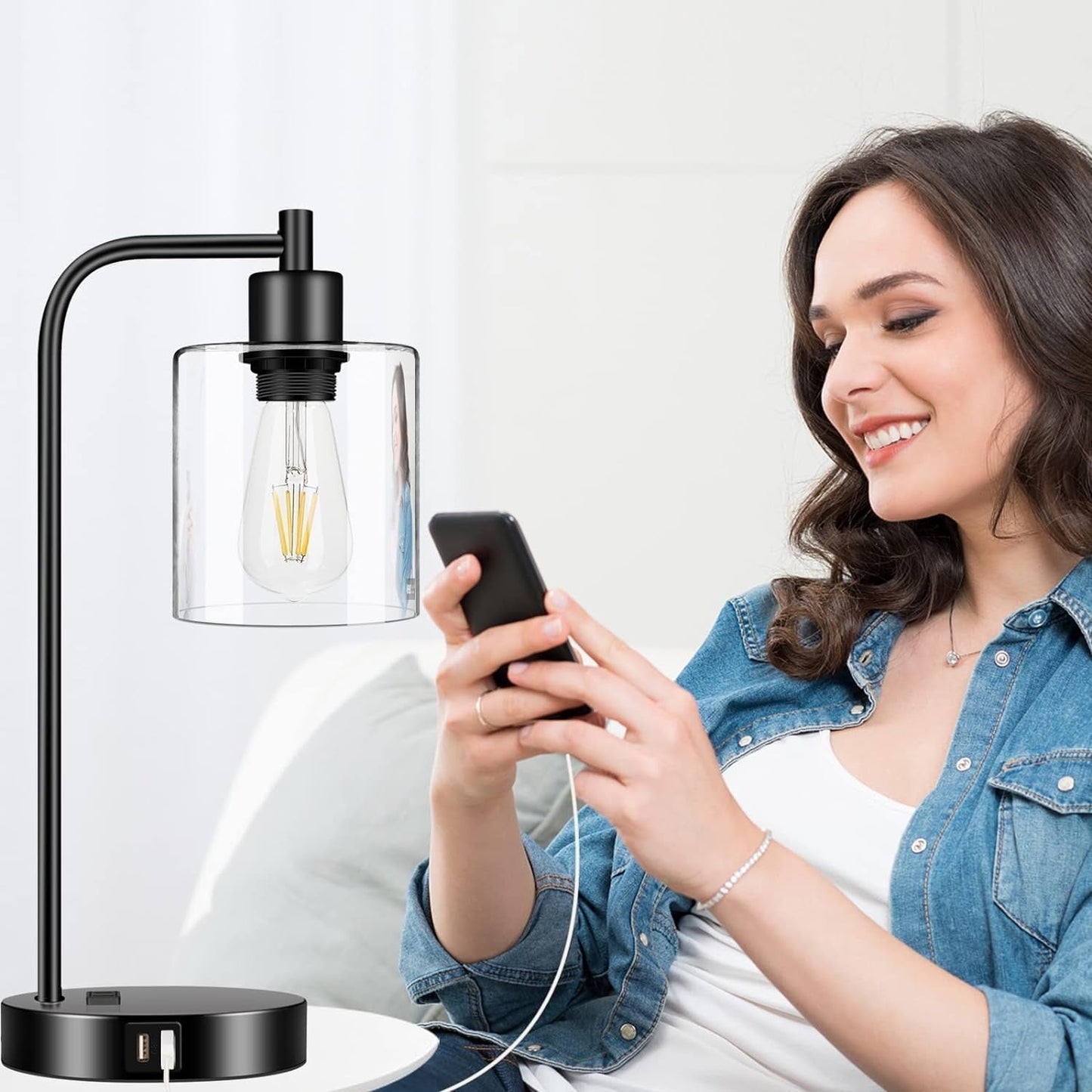Set of 2 Industrial Touch Control Table Lamps with 2 USB Ports and AC