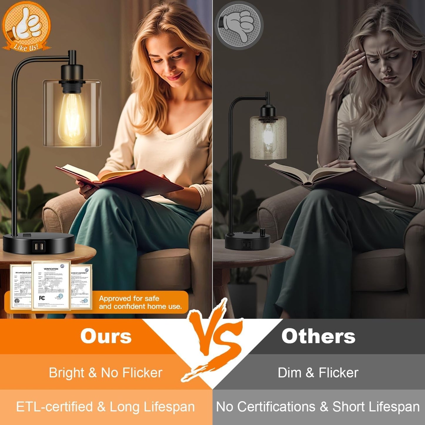 Set of 2 Industrial Touch Control Table Lamps with 2 USB Ports and AC