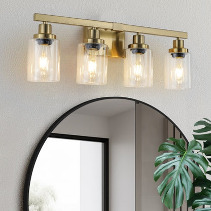 Gold 4 Lamp Vanity Light With Clear Glass Shade, Modern Iron Metal Bathroom Wall Fixture For Bathroom & Dresser - No Bulbs