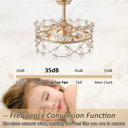 20 Inch Gold Caged Ceiling Fan with Light, Flower Chandelier Ceiling