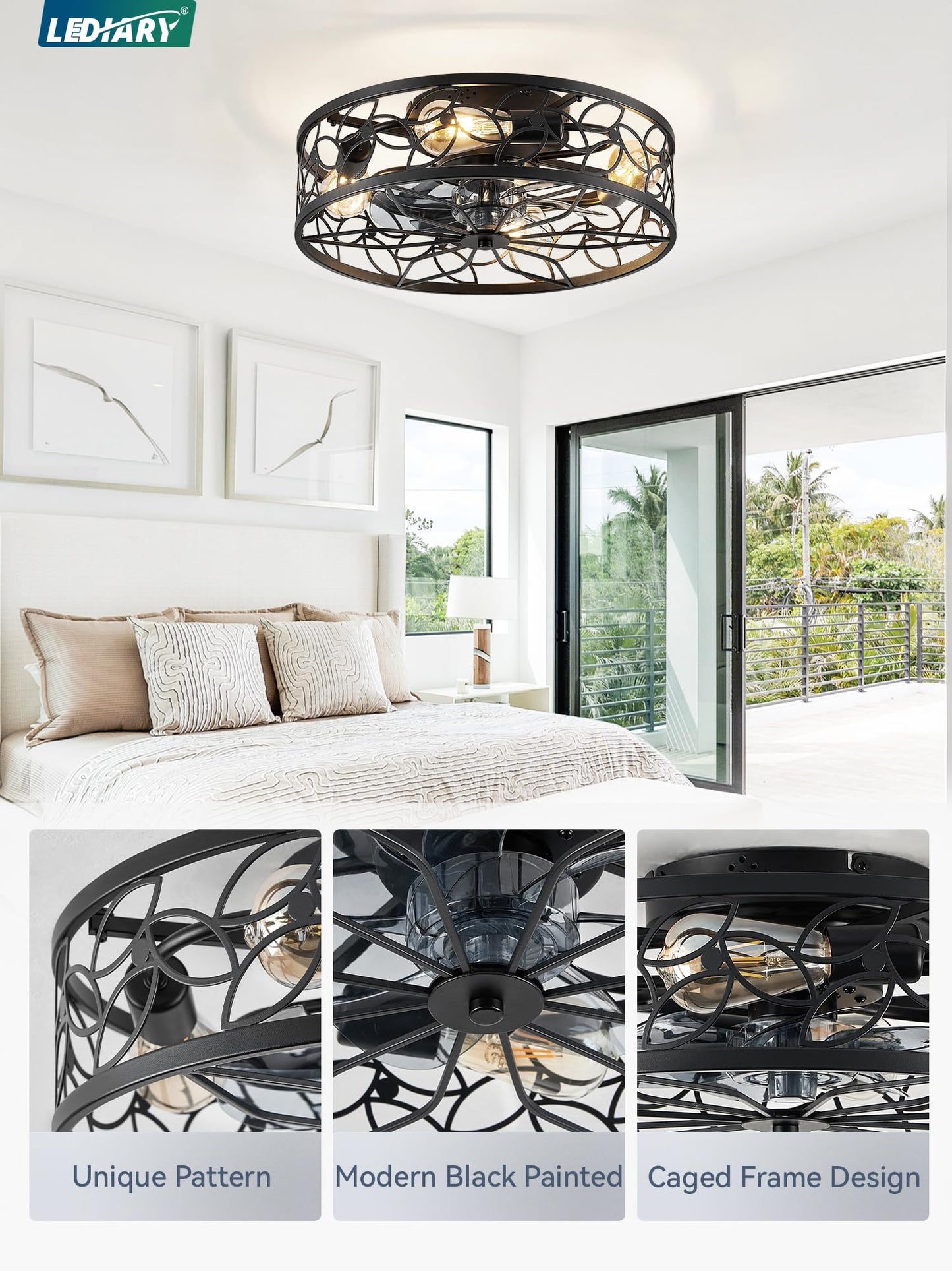 LEDIARY Caged Ceiling Fans with Lights, White Flush Mount Ceiling Fan with Remote, Small Low Profile Bladeless Ceiling Fan Light Fixture for Bedroom, Kitchen, Dining Room-White Gold Color