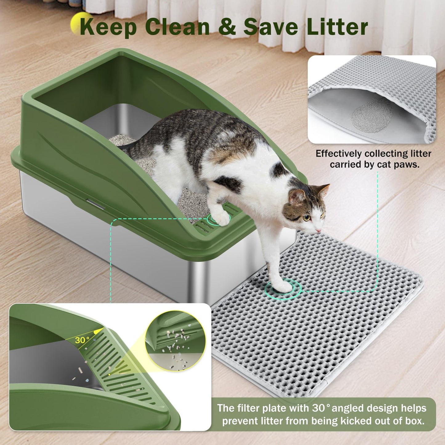 Stainless Steel Cat Litter Box, Extra Large Litter Boxes for Big Cats, Anti-Urine Leakage XL Litter Box with High Sides, Xlarge Metal Litter Box with Lid, Easy Clean, Non-Sticky, Cat Mat & Metal Scoop