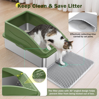 Stainless Steel Cat Litter Box, Extra Large Litter Boxes for Big Cats, Anti-Urine Leakage XL Litter Box with High Sides, Xlarge Metal Litter Box with Lid, Easy Clean, Non-Sticky, Cat Mat & Metal Scoop