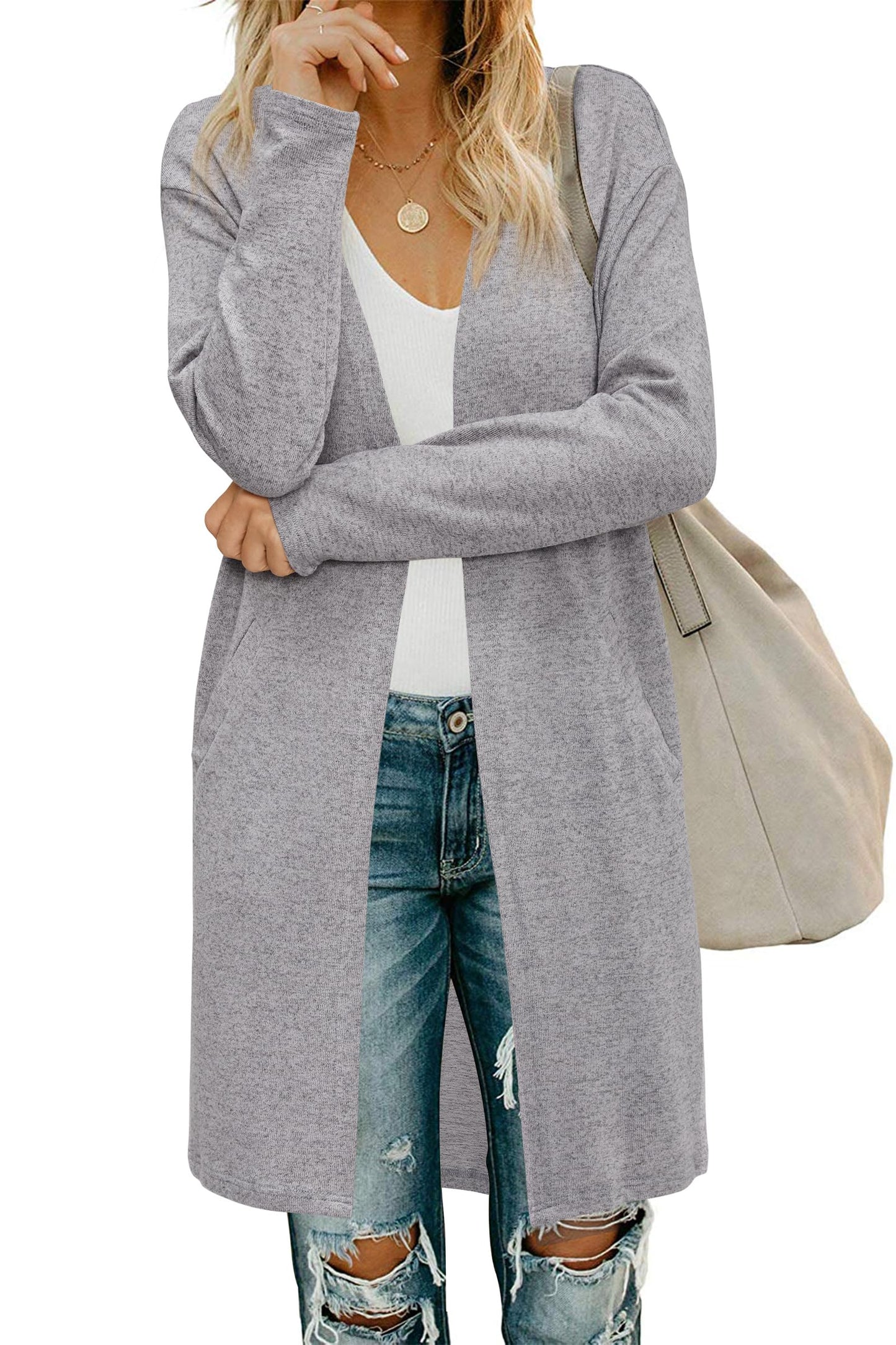 OUGES Women's Open Front Cardigan Shirt with Pockets Long Sleeve Lightweight Coat