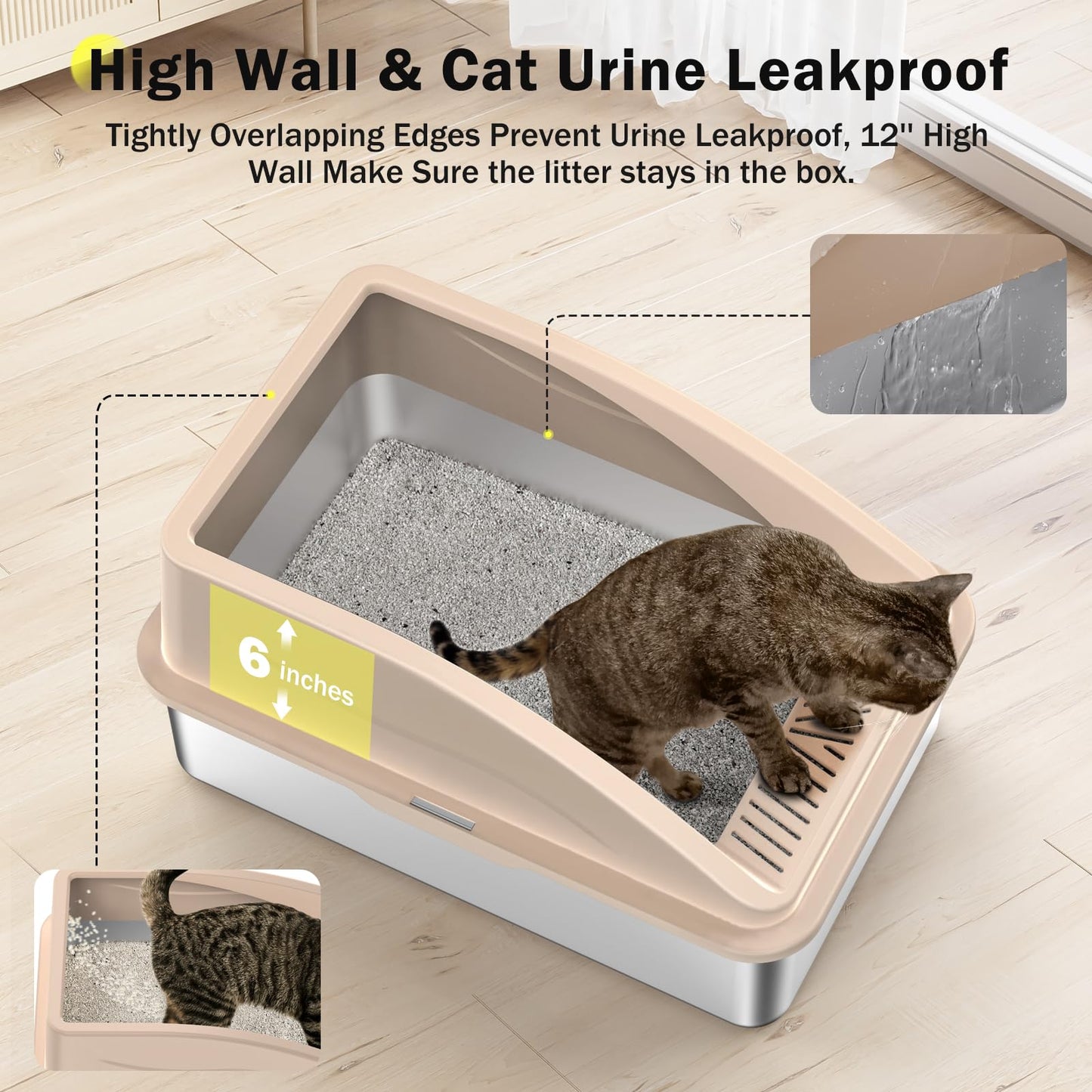 Stainless Steel Cat Litter Box, Extra Large Litter Boxes for Big Cats, Anti-Urine Leakage XL Litter Box with High Sides, Xlarge Metal Litter Box with Lid, Easy Clean, Non-Sticky, Cat Mat & Metal Scoop