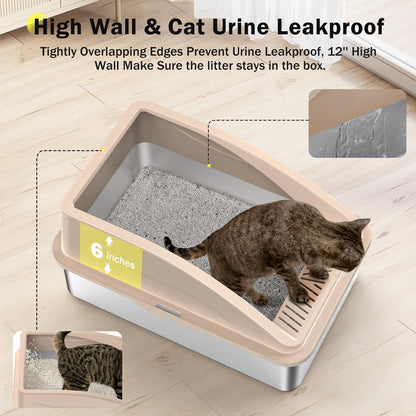 Stainless Steel Cat Litter Box, Extra Large Litter Boxes for Big Cats, Anti-Urine Leakage XL Litter Box with High Sides, Xlarge Metal Litter Box with Lid, Easy Clean, Non-Sticky, Cat Mat & Metal Scoop