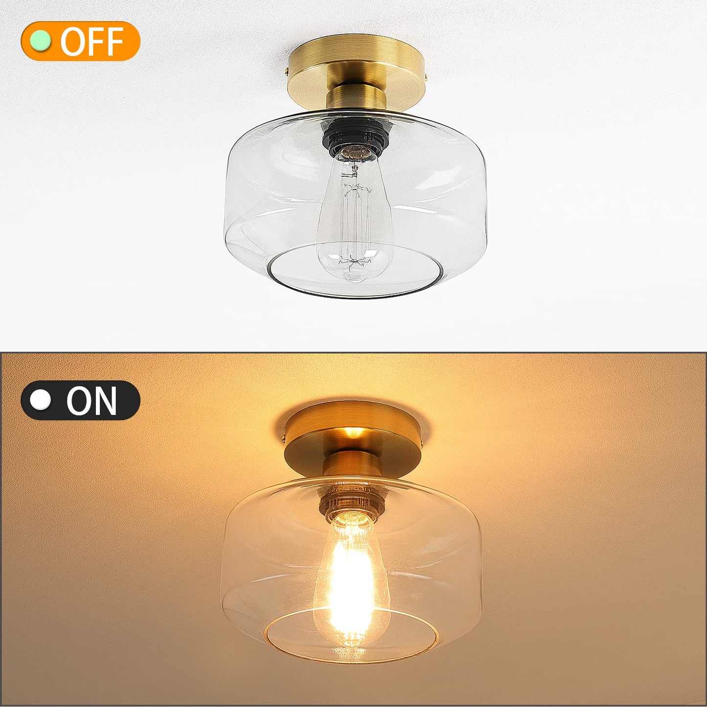 MAXvolador Industrial Semi Flush Mount Ceiling Light, Clear Glass Pendant Lamp Shade, Farmhouse Lighting for Hallway, Vintage Hanging Light Fixtures