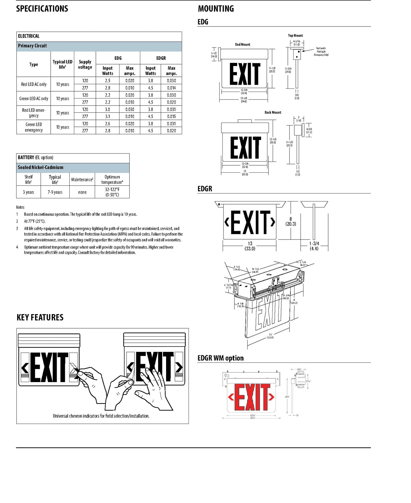 Lithonia Lighting EDG 1 G EL M6 Aluminum LED Emergency Exit Sign, 3 watts, Green
