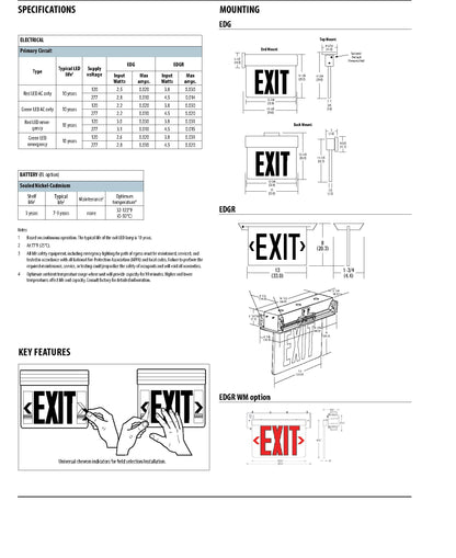 Lithonia Lighting EDG 1 G EL M6 Aluminum LED Emergency Exit Sign, 3 watts, Green