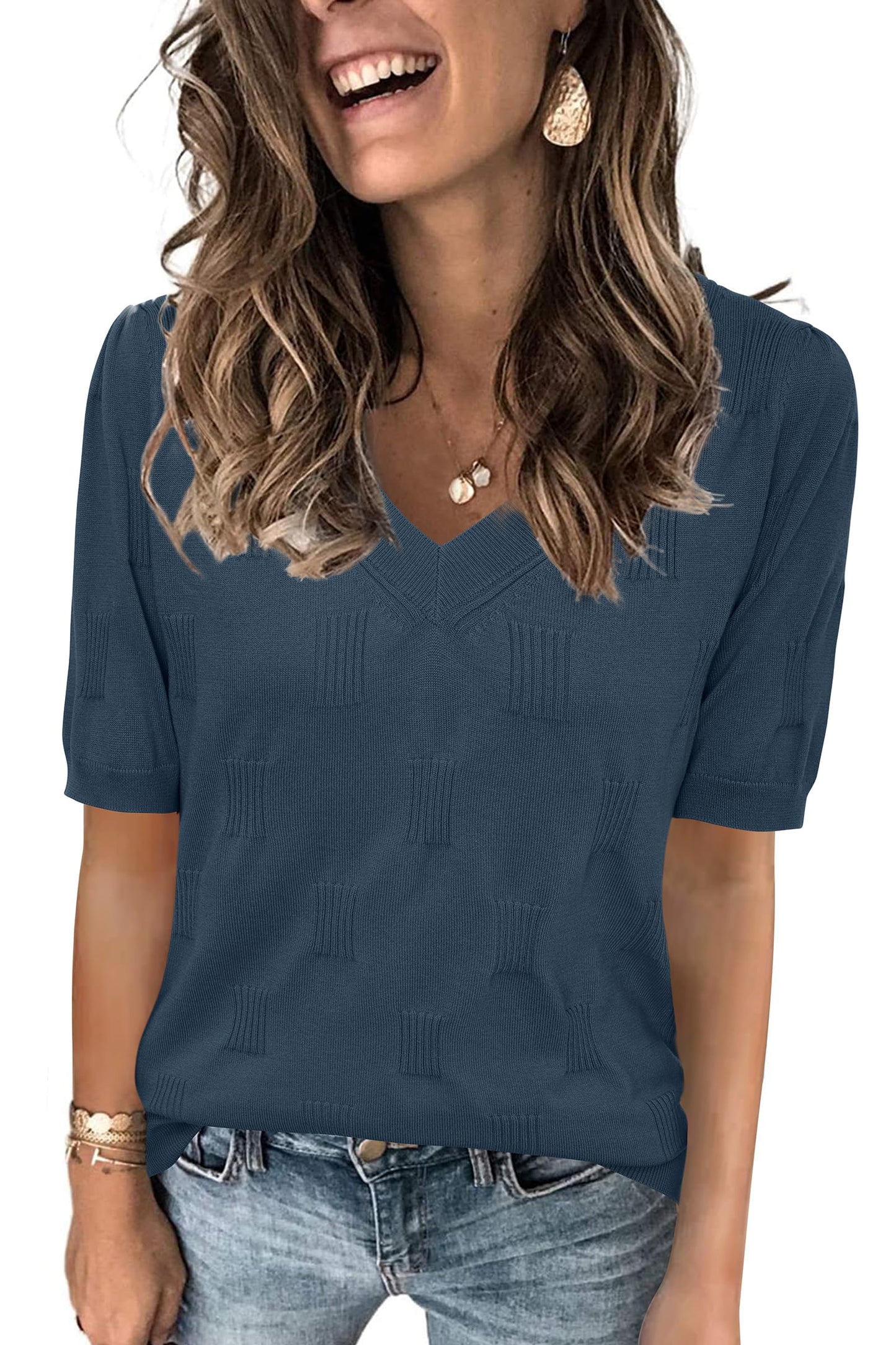 Arach&Cloz Women's Tops 2025 Spring Summer Short Sleeve Sweater Fashion Trendy Dressy Casual Outfit Versatile Knit Blouse