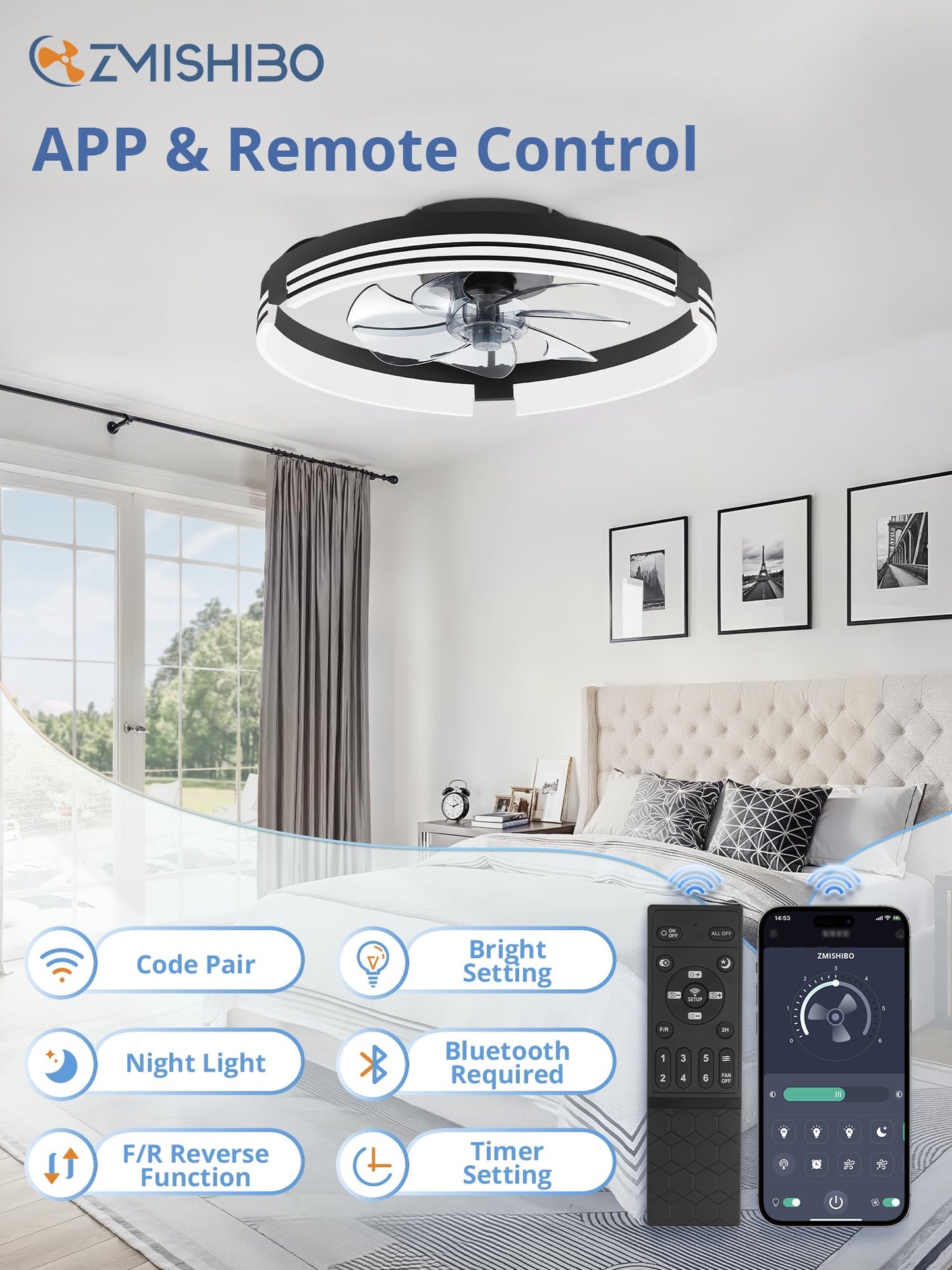 Low Profile Ceiling Fans with Lights and Remote, 20 Inch Flush Mount Ceiling Fan with Light, 3000K-6000K Dimmable Fandelier LED Fan Light, 6 Wind Speeds Black Ceiling Fans for Bedroom
