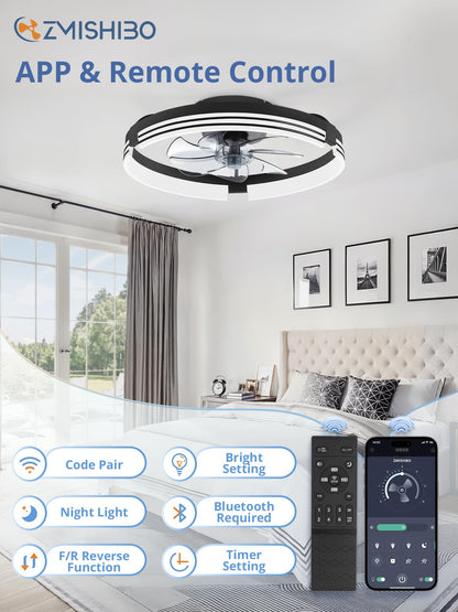 Low Profile Ceiling Fans with Lights and Remote, 20 Inch Flush Mount Ceiling Fan with Light, 3000K-6000K Dimmable Fandelier LED Fan Light, 6 Wind Speeds Black Ceiling Fans for Bedroom