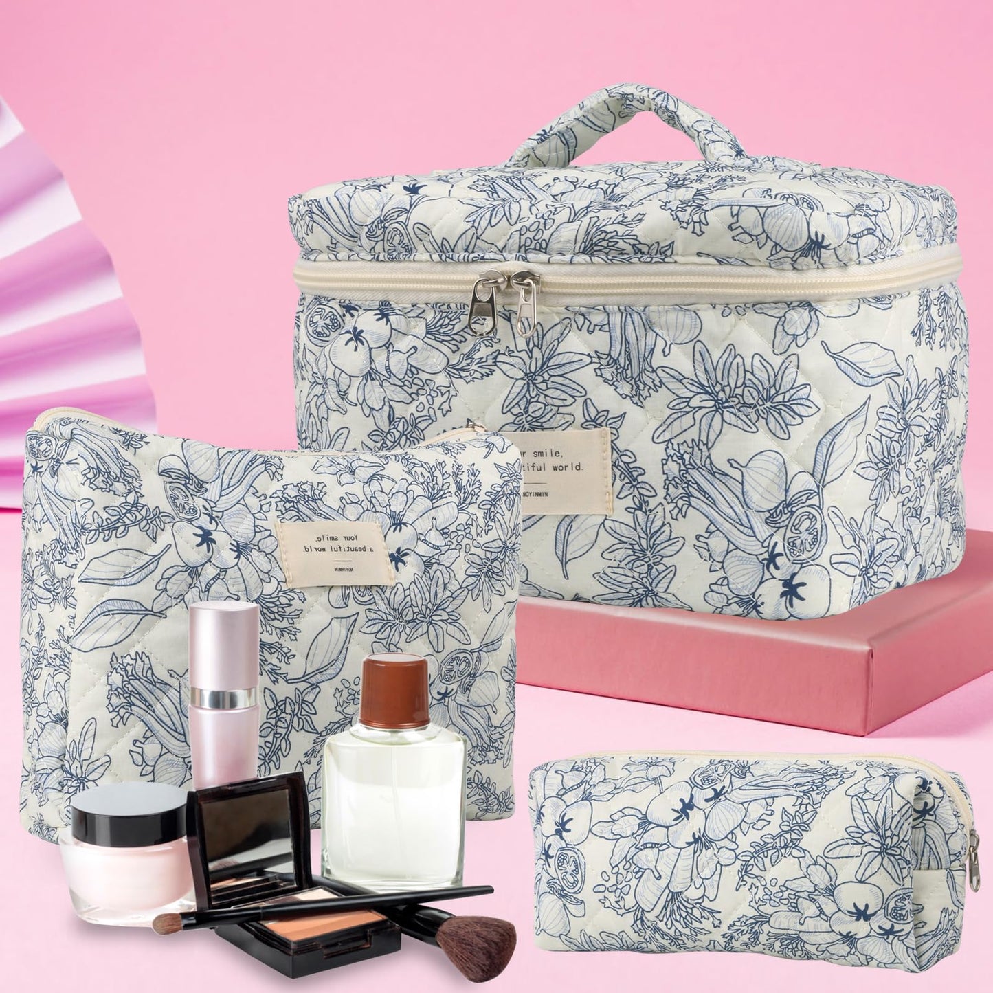 Cute Makeup Bag for Women(2 Pcs), Travel Cosmetic Bags, Quilted Coquette Aesthetic Floral Toiletry Organizer Bag (NavyBlue Flower)