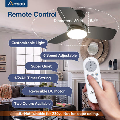 Amico Ceiling Fans with Lights, 42 inch Low Profile Ceiling Fan with Light and Remote Control, Flush Mount, Reversible, 3CCT, Dimmable, Noiseless, White Ceiling Fan for Bedroom, Indoor/Outdoor Use
