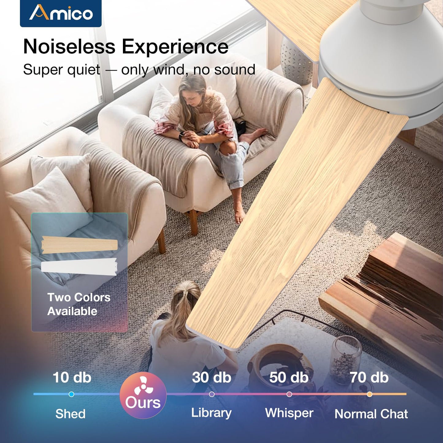 Amico Ceiling Fans with Lights, 42 inch Low Profile Ceiling Fan with Light and Remote Control, Flush Mount, Reversible, 3CCT, Dimmable, Noiseless, White Ceiling Fan for Bedroom, Indoor/Outdoor Use