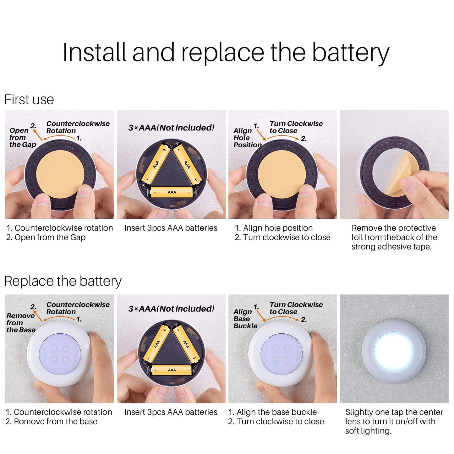 STAR-SPANGLED Push Tap Light, 2.8” Mini Night Touch LED Puck Lamp, Portable Under Cabinet Lighting AAA Battery Operated Powered, DIY Stick On Lights for Closet, Counter, Kitchen, Warm White, 5 Pack