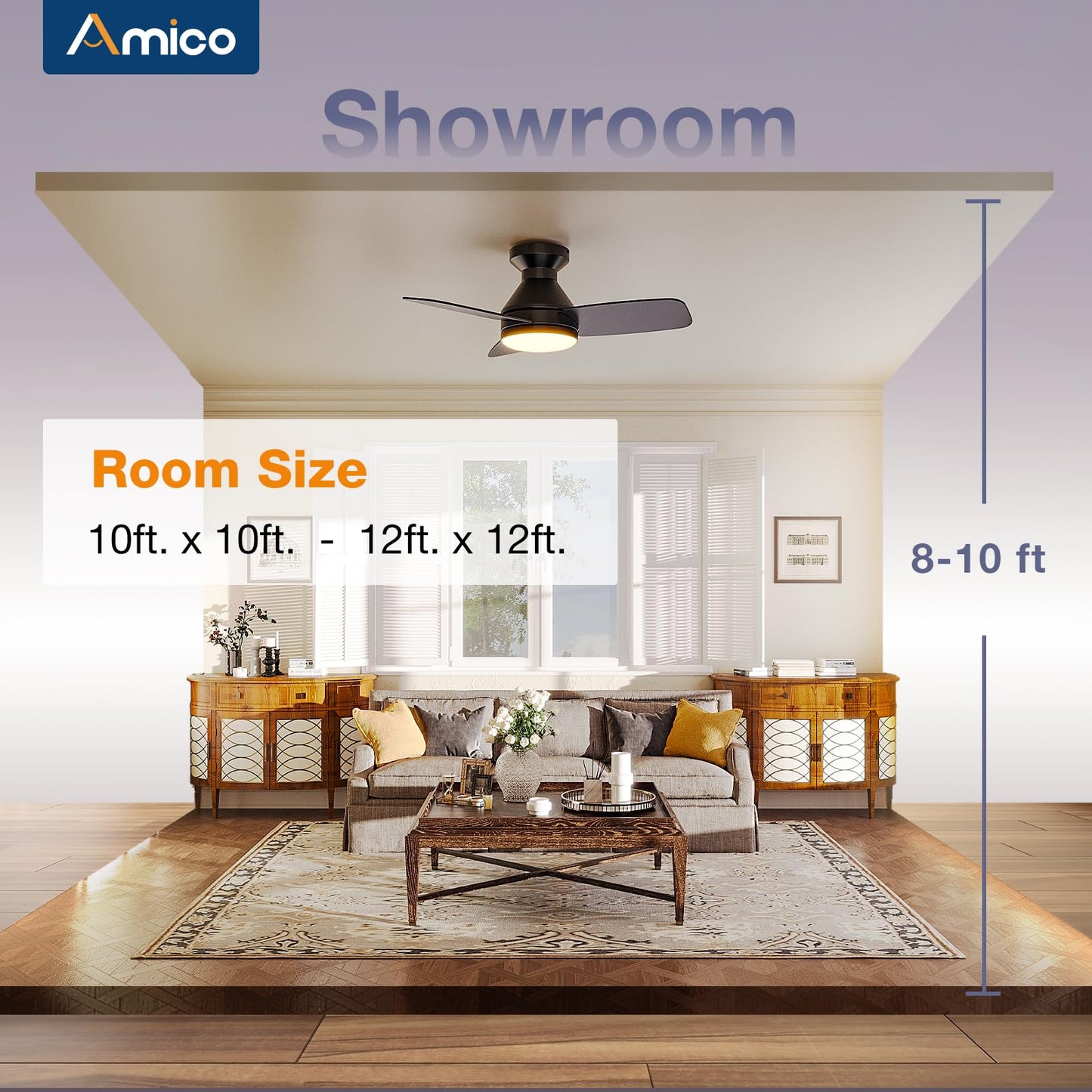 Amico Ceiling Fans with Lights, 42 inch Low Profile Ceiling Fan with Light and Remote Control, Flush Mount, Reversible, 3CCT, Dimmable, Noiseless, White Ceiling Fan for Bedroom, Indoor/Outdoor Use