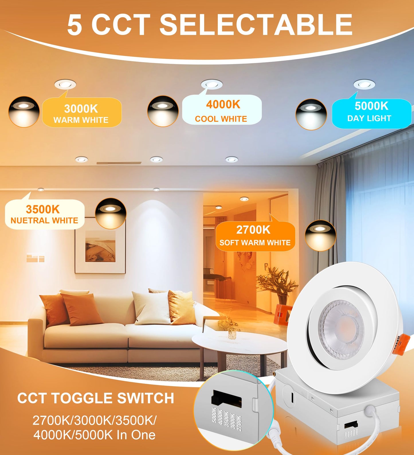 Cloudy Bay Eyeball 5 Color 4 inch Gimbal LED Recessed Light with Junction Box,9.5W CRI90+ 2700K/3000K/3500K/4000K/5000K Selectable,Dimmable Canless Ceiling Spot Light,Damp Location,Black,Pack of 6