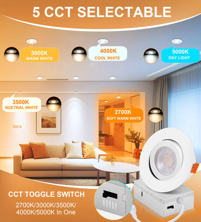Cloudy Bay Eyeball 5 Color 4 inch Gimbal LED Recessed Light with Junction Box,9.5W CRI90+ 2700K/3000K/3500K/4000K/5000K Selectable,Dimmable Canless Ceiling Spot Light,Damp Location,Black,Pack of 6