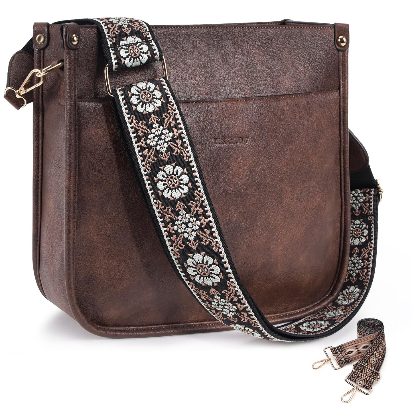 HKCLUF Crossbody Bags for Women Trendy Vegan Leather Hobo Handbags With 2PCS Adjustable Guitar Strap Shoulder Bucket Bags