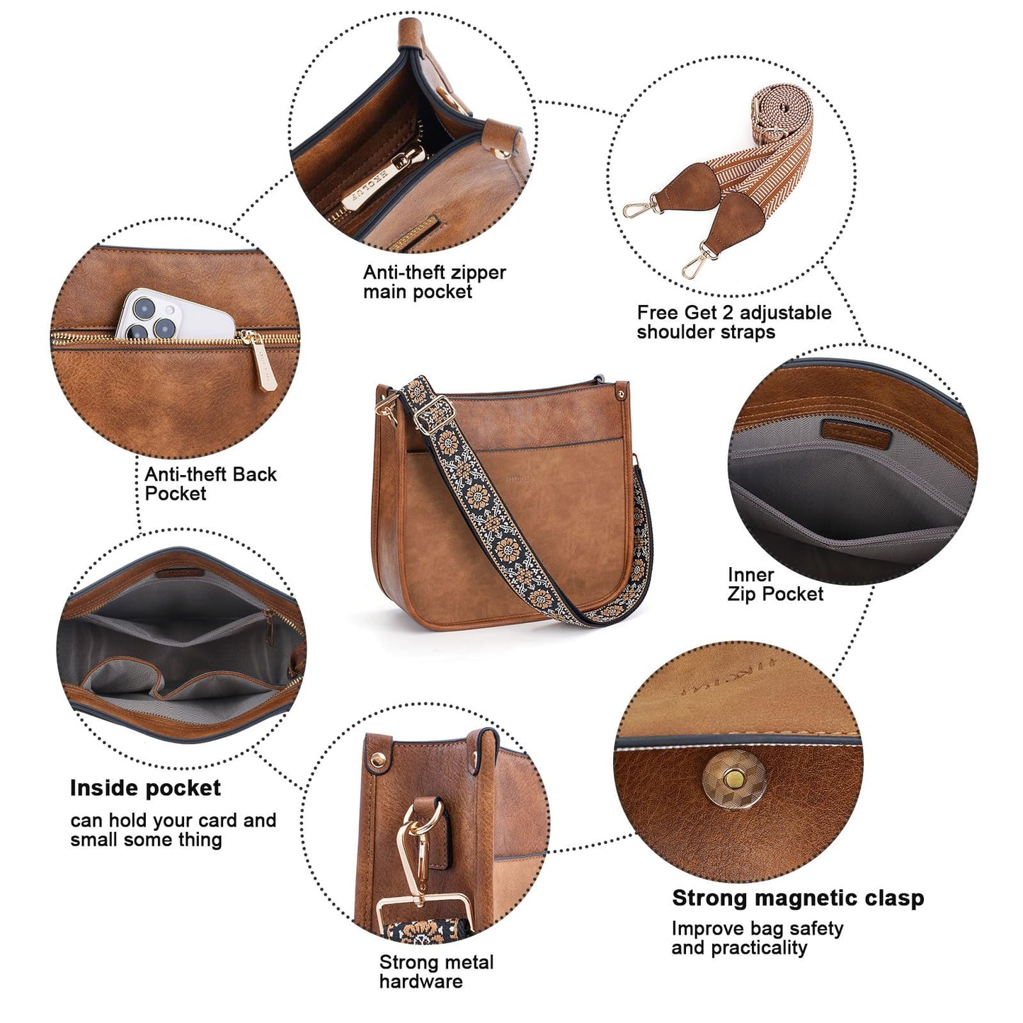 HKCLUF Crossbody Bags for Women Trendy Vegan Leather Hobo Handbags With 2PCS Adjustable Guitar Strap Shoulder Bucket Bags