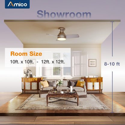 Amico Ceiling Fans with Lights, 42 inch Low Profile Ceiling Fan with Light and Remote Control, Flush Mount, Reversible, 3CCT, Dimmable, Noiseless, White Ceiling Fan for Bedroom, Indoor/Outdoor Use