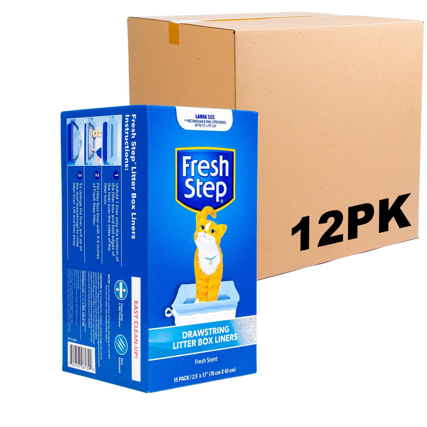 Fresh Step Drawstring Cat Litter Box Liners, Unscented, Size Jumbo, 36" x 19" | Kitty Litter Bags - 15 Count - Cat Litter Liners for Rectangle or Oval Large Litterboxes