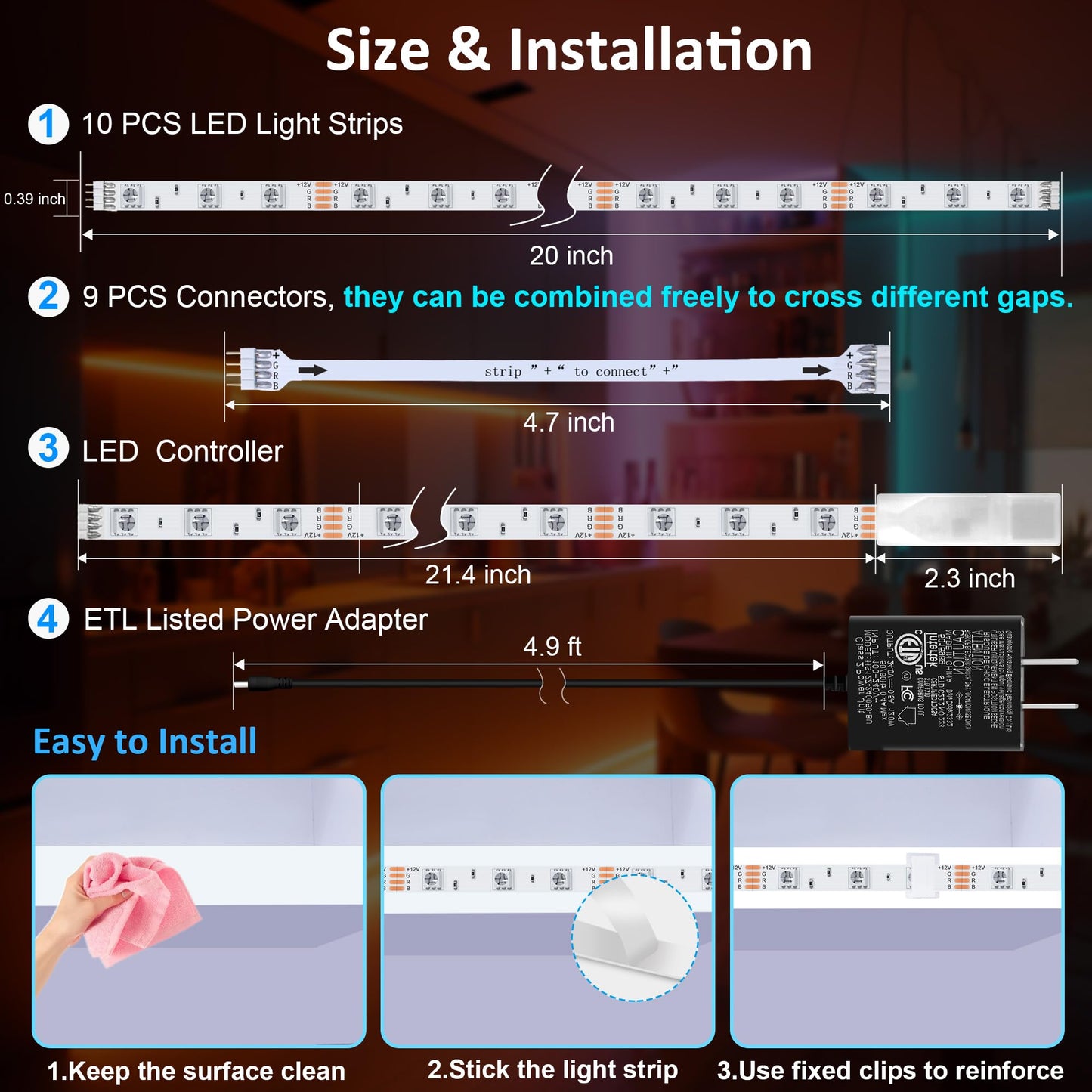 LAFULIT Under Cabinet Lighting Kit - 8 PCS, 2700K Warm White Flexible LED Strip Lights with Remote and Power Adapter for Kitchen Cabinets, Shelf, Desk, Counter - 13ft
