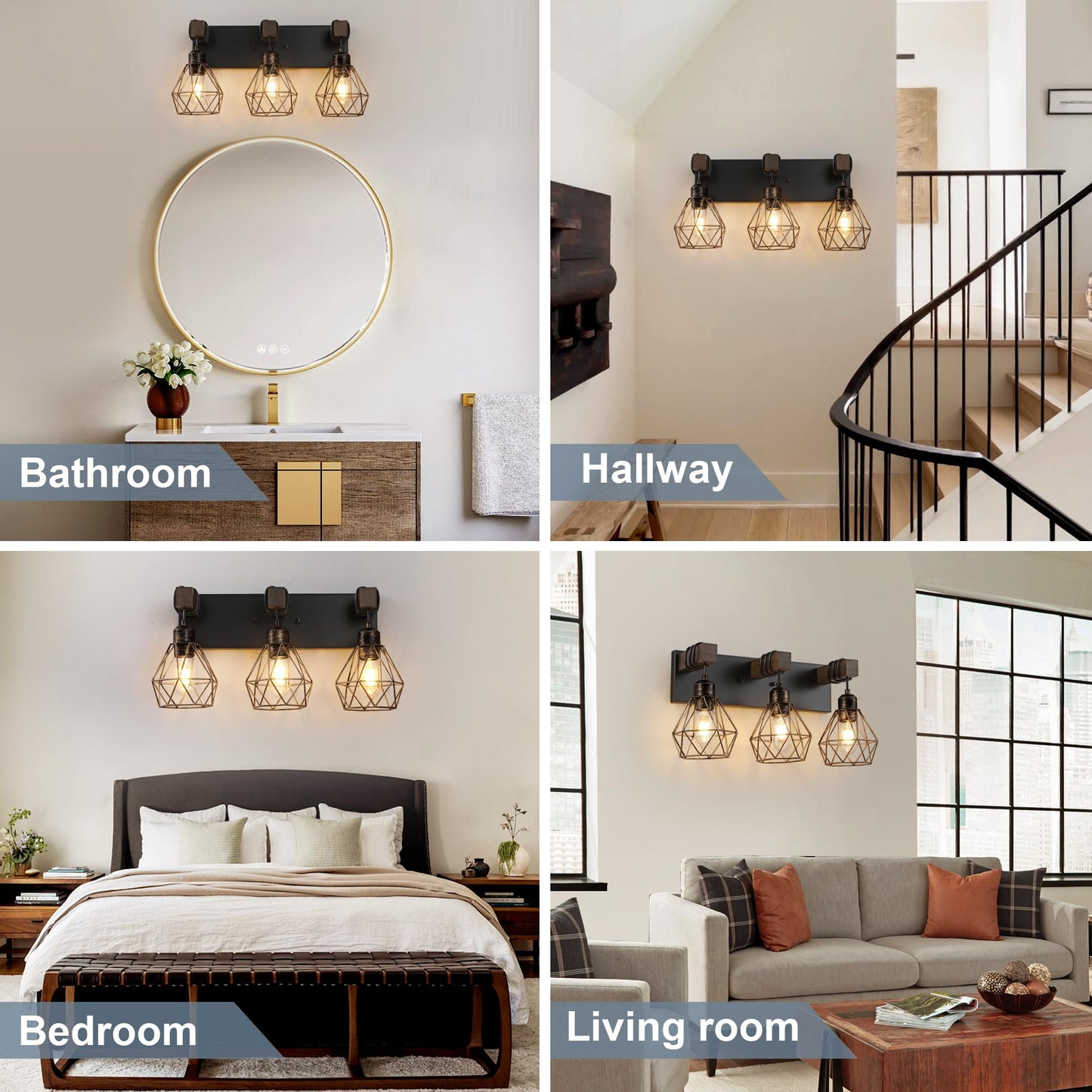 Farmhouse Vanity Light for Bathroom, 3-Light Wood Bathroom Vanity Light Fixtures Over Mirror, Rustic Sconces Wall Lighting with Metal Lampshade for Living Room, Bedroom, Hallway