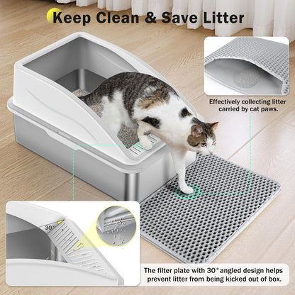 Stainless Steel Cat Litter Box, Extra Large Litter Boxes for Big Cats, Anti-Urine Leakage XL Litter Box with High Sides, Xlarge Metal Litter Box with Lid, Easy Clean, Non-Sticky, Cat Mat & Metal Scoop