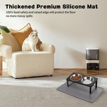 Upgraded Elevated Cat Bowls with Food Mat,15°Tilted Stand Anti Vomiting Raised Cat Dishes for Food and Water,2 Stainless Steel Bowls for Cats and Puppy