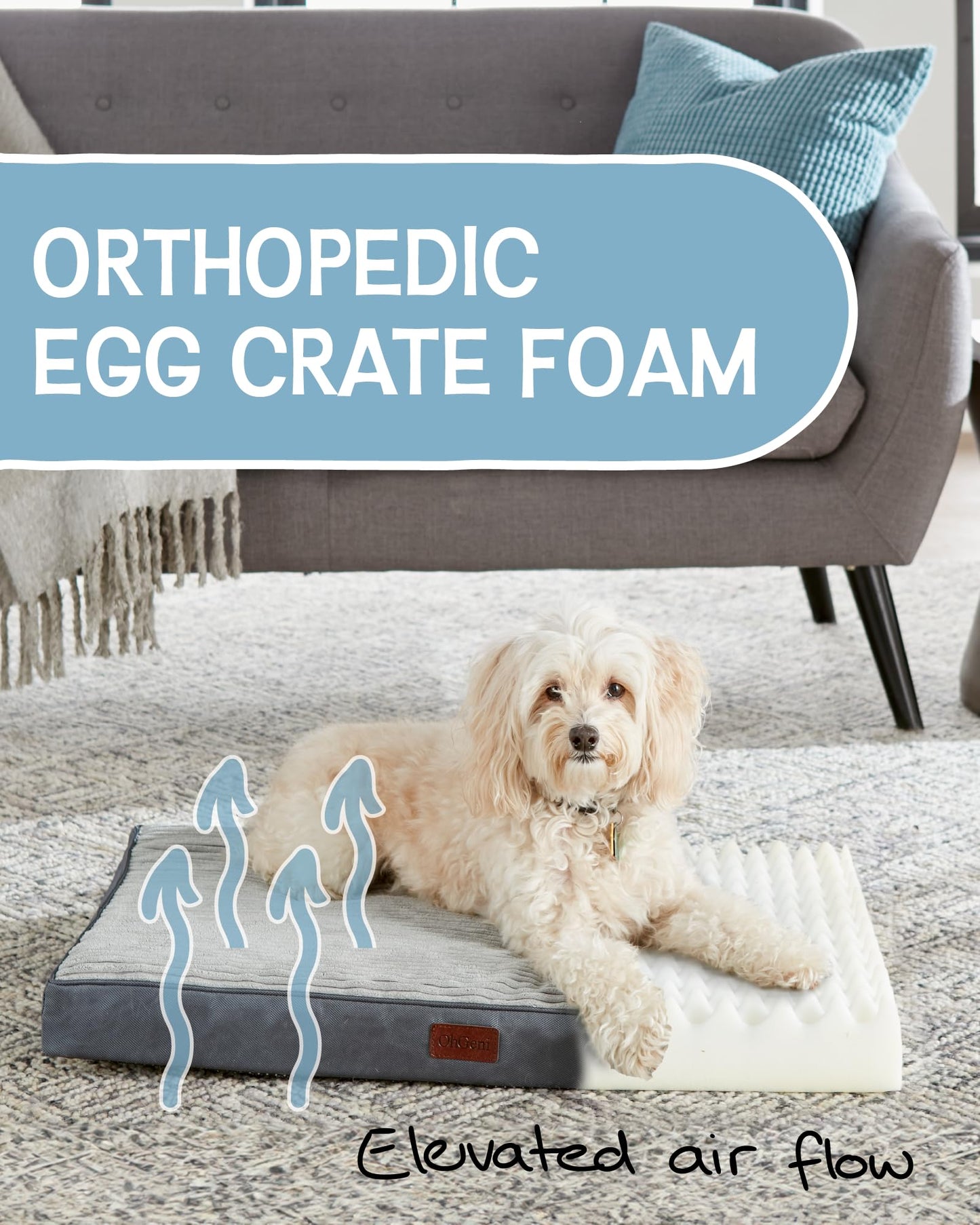 OhGeni 35 Inch Orthopedic Waterproof & Machine Washable Dog Bed for Medium Large Pets, 20D Egg Crate Foam Stable Support, Non-Slip Bottom and Removable Cover, Tear-Resistant Invisible Zipper(Gray)